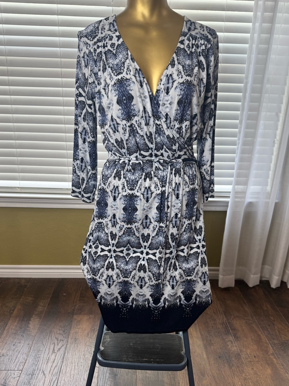 Joe Fresh Navy and White Printed Long Sleeve Wrap Dress